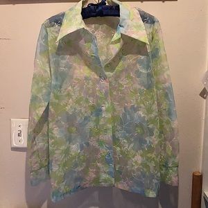 See-through pastel floral button down top